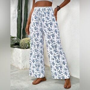 SHEIN White Wide-Leg Pants with Blue Floral Print